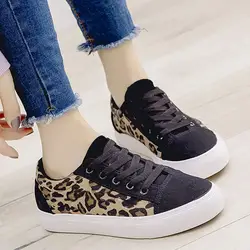 Парусиновая Женская прогулочная обувь на плоской подошве, со шнуровкой, с перекрестной шнуровкой, с круглым носком, Женская леопардовая