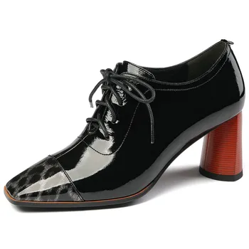 

Plus size 34-41 women's genuine leather leopard parthwork lace-up high heels sqaure toe female comfortable pumps OL style shoes