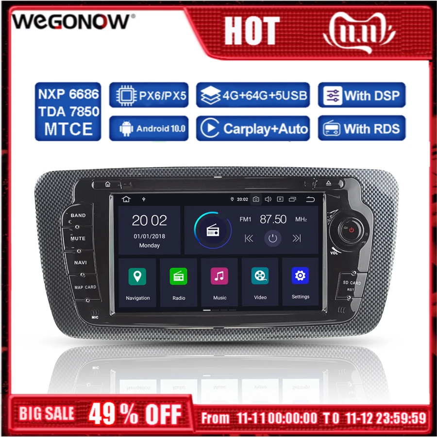 DSP PX6 IPS Android 10 4GB RAM Car multimedia DVD Player GPS Map RDS Radio Bluetooth TPMS TV OBD For VW Seat Ibiza 2009 -2014 | Автомобили