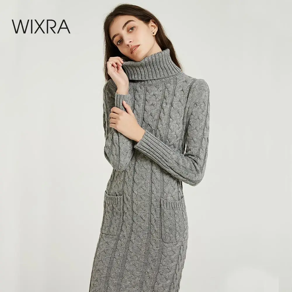 Wixra Knitted Dress Autumn Winter Solid Turtleneck Mid-Calf Pockets Sweater Dresses Women's Clothing