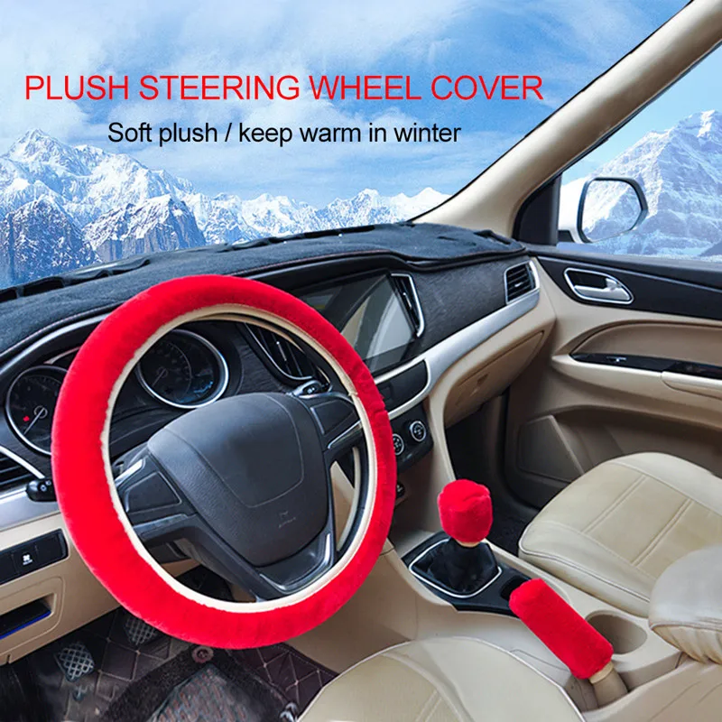 3Pcs/Set Steering-Wheel Plush Car Steering Wheel Covers Winter Faux Fur Hand Brake &amp Gear Cover Set Interior Accessories | Автомобили и