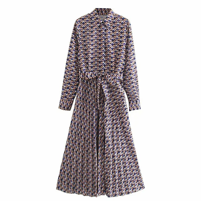 

AGong Geometric Printed Dresses Women Fashion Turn Down Collar Dress Women Elegant Tie Belt Waist Long Dresses Female Ladies KN