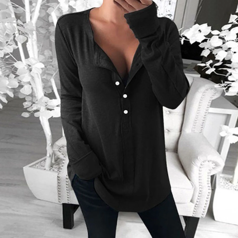 

JODIMITTY Sexy Women Long Sleeve T-shirt Casual V-neck Slim Fit Tees Ladies Warm Spring Basic T-shirts Pull Femme Button Tops