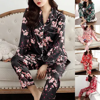 

Women 2pcs Pajamas Set Printed Floral Button-Down Long Sleeve Nightwear Sleepwear Casual Top Pants TY53