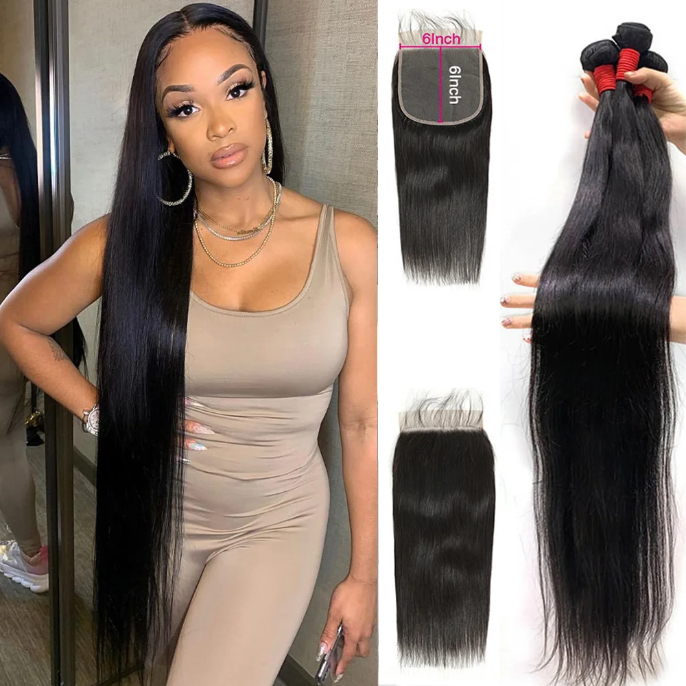 

30 Inch Straight Bundles with 6x6 Lace Closure Brazilian Hair Weave Bundle And 4x4 5x5 Closures Human Hair Bundles With Closure