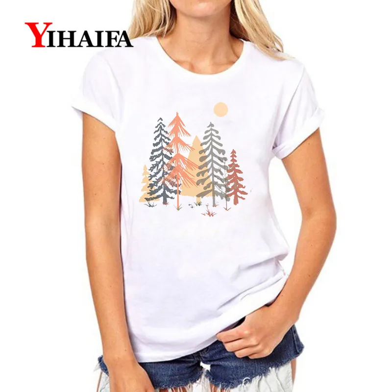 

YIHAIFA Women T-shirt Colorful Forest Print Graphics Tee Casual Short sleeve White T Shirts Pullover Tops