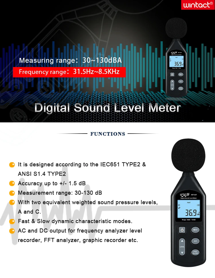 Бесплатная доставка цифровой измеритель уровня звука цифровой дБ звуковой децибел шумомер WT1357 WINTACT
