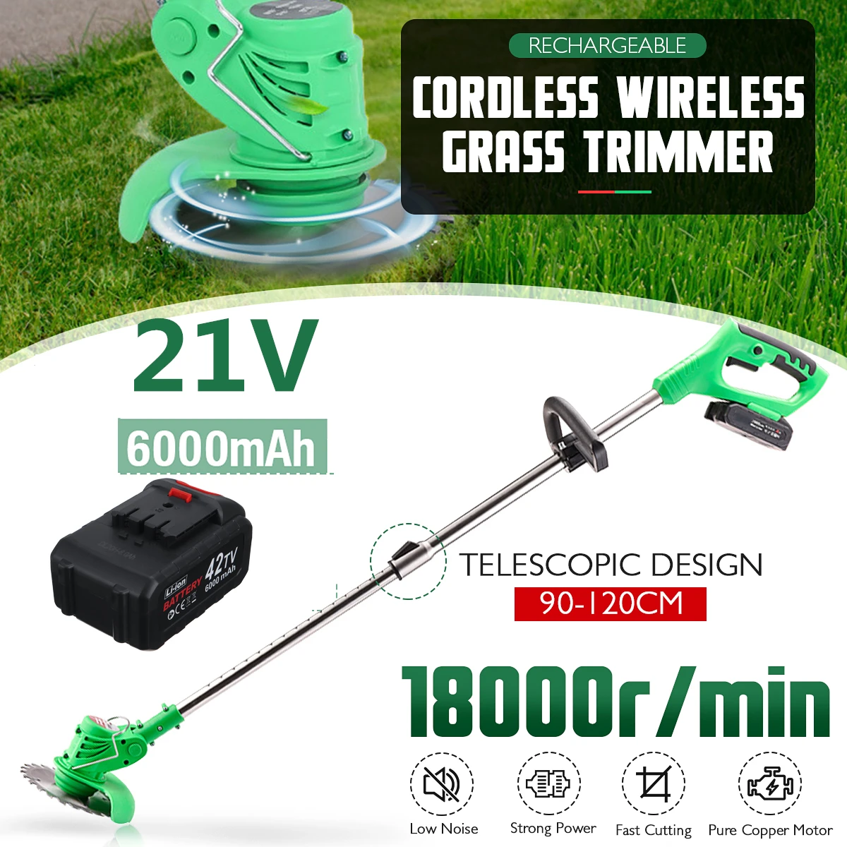 42/21V Cordless Grass Trimmer Adjustable Lawn