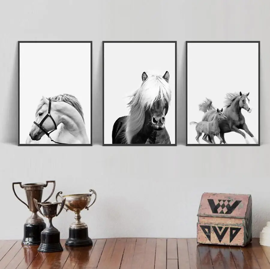 Animal Black White Gray Horses Art Modular Canvas Prints Paintings 