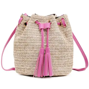 

2020 Crossbody Shoulder Pouch Pure Color Handmade Women Casual Tassels Drawstring Straw Woven Bucket Bag