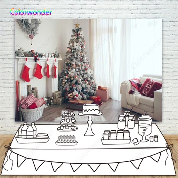 

Christmas Photography Backdrop for Children Christmas Tree White Wall and Window Three Gift Sock Hang Fireplace Photo Background