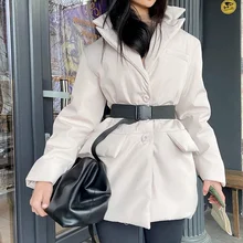 

Waist Mid-length Padded New Coat Women's Autumn Temperament Thick Warmth Solid Color Slim-fit Bright Cotton Coat Street Fashion