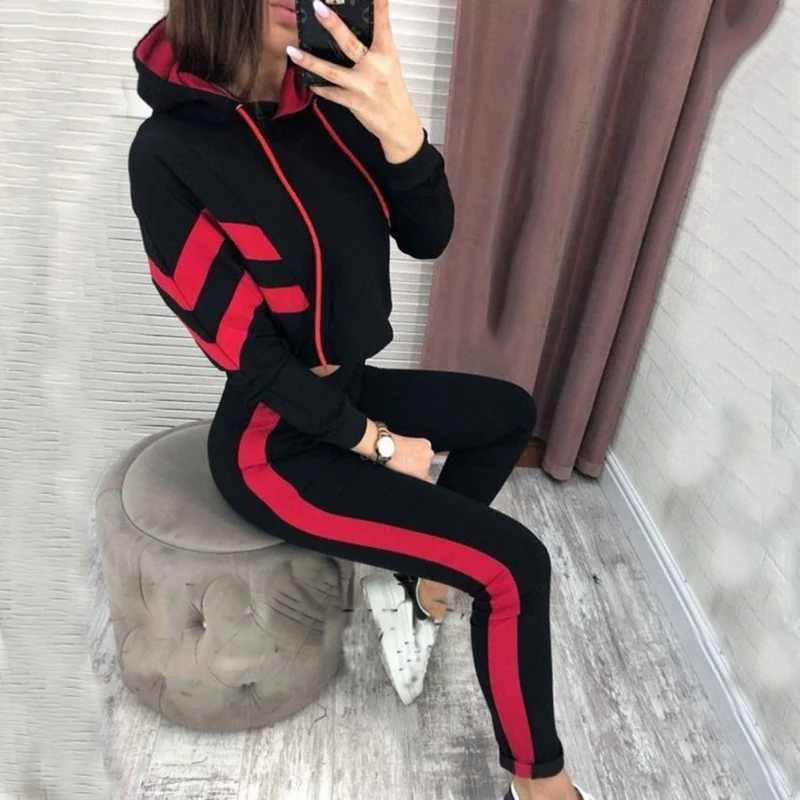 

Autumn Popular Navel Long-sleeved Sports Suits Tracksuits Women Tops Slim Sweatpants Clothes Two Piece Set
