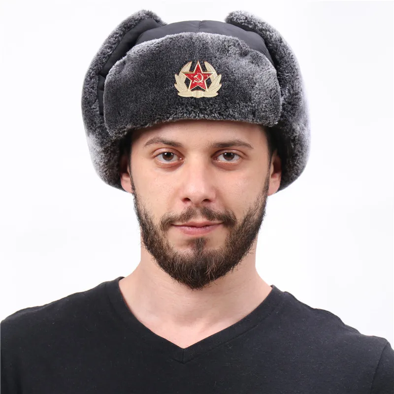 Soviet Badge Russia Ushanka Hat Waterproof Bomber Hats Pilot Trapper trooper Hat Winter Faux Rabbit Fur Earflap Men Snow Caps