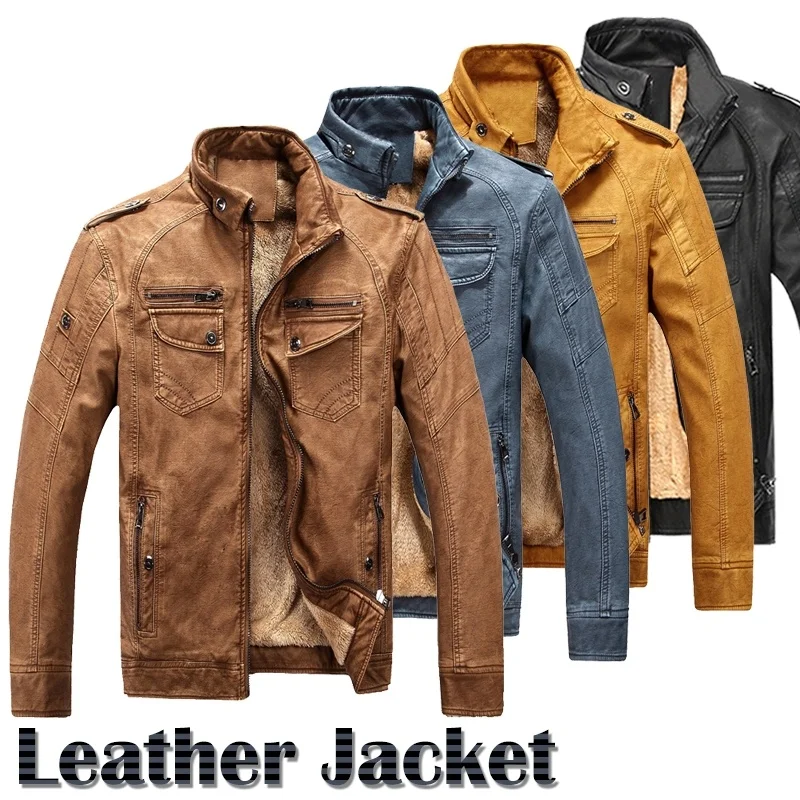

Men Leather Jacket Velvet Lined 2019 Autumn Winter Male Solid Warm Jackets Stand Collar Zipper Casual Motorcycle PU Coats Mens