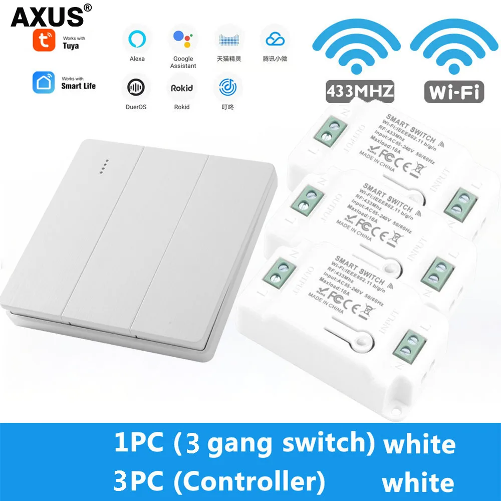 AXUS Tuya Wall Smart WiFi Push Button Switch RF 433Mhz Light Switch Wireless Remote Controller Relay Module Google Home Alexa remote light switch control Wall Switches