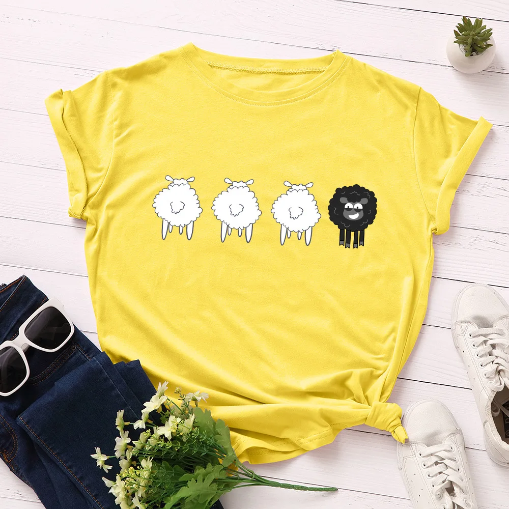 Summer Fashion Shirt Cute Sheep Graphic T Women Tops Base O-Neck Black Tees Animal Funny Girls Tshirt | Женская одежда
