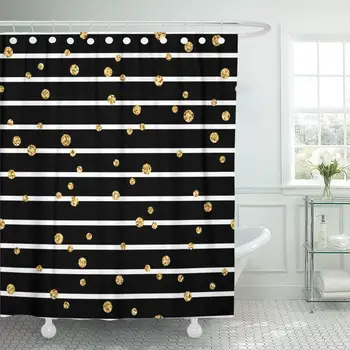 

Gold Polka Dot on Lines Golden Confetti Black Shower Curtain Bathroom with Hooks,Waterproof Polyester Curtain