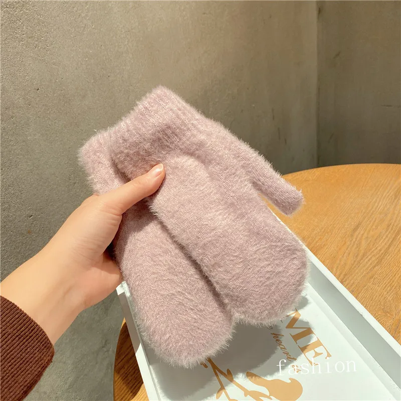 Simple Style Knitting Wool Plus Velvet Thicken Full Finger Women Winter Mittens Gloves Hairy Cute Lovely Sweety Keep Warm Soft