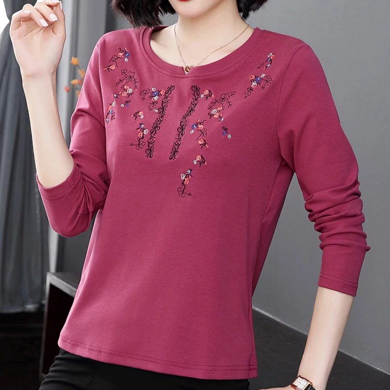 

Floral Embroidery Vintage Clothes T Shirt Woman Tops Women Clothing 2022 Spring Autumn Long Sleeve Tshirt Cotton T-Shirt Ladies