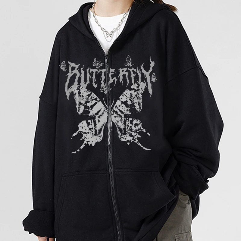 Women's Y2K Retro Dark Gray молния бабочка с капюшон Sweatshirt 90s Harajuku Punk Gothic Zip Up Hoodie Long-sleeved Loose Jacket