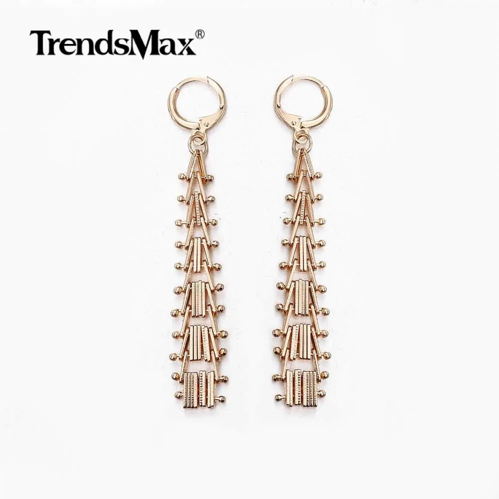 

New Trendy Women's 585 Rose Gold Earrings Geometric Spicate Chain Strand Huggie Drop Earrings Wedding Fashion Jewelry Gift GE270