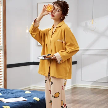 

Lapel Pajamas Women's Spring Autumn Cardigan Long-sleeved Trousers Cartoon Pattern Ladies Homewear Suit Milk Loose Pajamas Sets