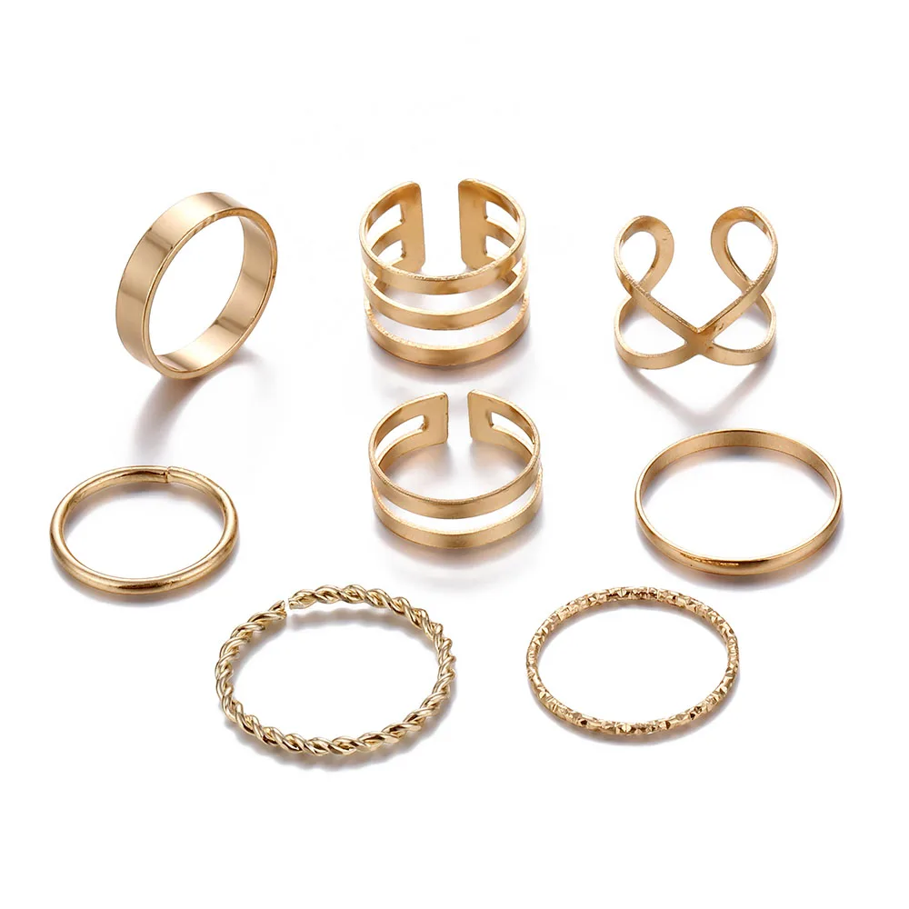 FAMSHIN 8 Pcs/Set Fashion Design Round Gold Color Rings Set For Women Handmade Geometry Finger Ring Set Female Jewelry Gifts