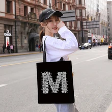 Cartoon Black Canvas Tote Bag Fashion Ladies One-Shoulder Reusable Shopping Bag Large Capacity Eco Leisure Travel Female Handbag