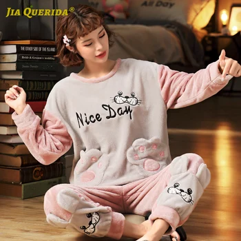 

Ladies Winter Warm New Soft Pink Long Sleeve Long Pants Pj Set Pajamas Set Flannel Cartoon Printing Patchwork Front Pocket