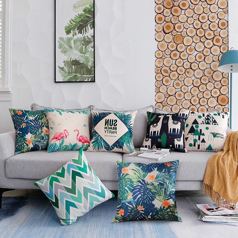 

Green Tropical Plant Design Digital Printed Linen Cushion Cover Sofa Pillow Case Back Pillow Case Rainforest Decorative Pillows