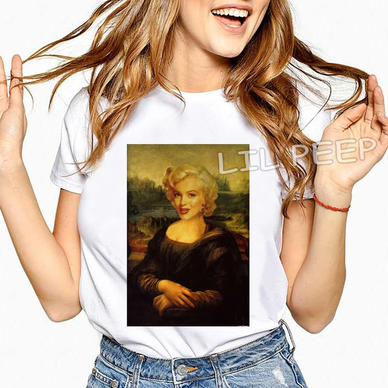 

Women Clothes 2019 Funny Marylin Monroe Meets Mona Lisa Pure Cotton White T Shirt Summer O-Neck Casual Style Punk Streetwear