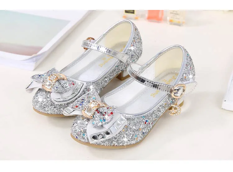 2021 Princess Kids Leather Shoes for Girls Flower Casual Glitter Children High Heel Girls Shoes Butterfly Knot Blue Pink Silver best children's shoes