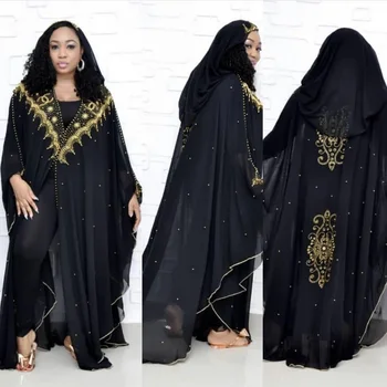 

African Dashiki Dress Beading Chiffon Bat Sleeve Bazin Muslim Abaya Long Maxi Robe Gowns Women's Clothes Sexy Rich Evening Party