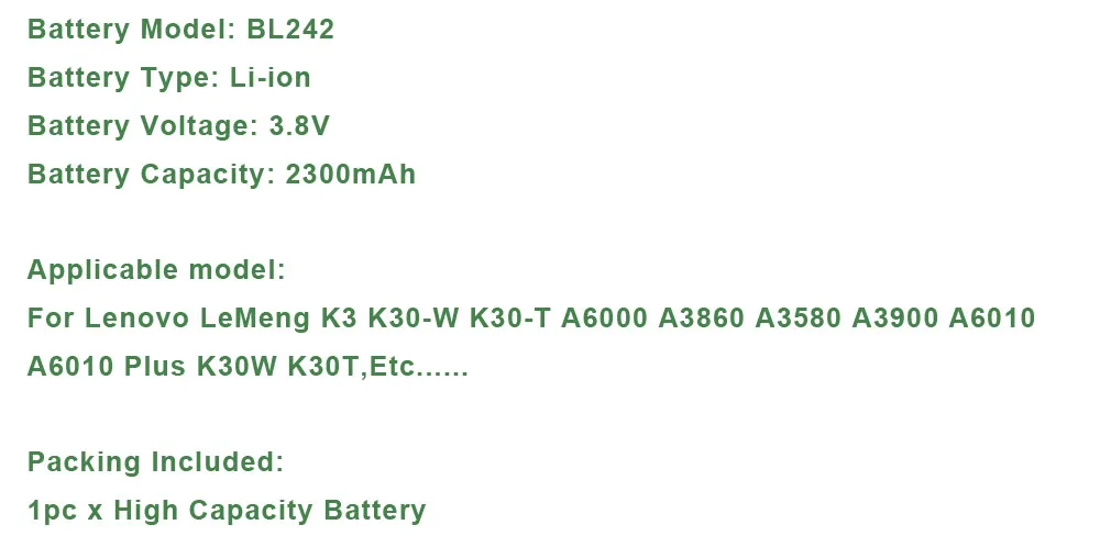 BL242 батарея для lenovo LeMeng K3 K30-W K30-T A6000 A3860 A3580 A3900 A6010 A6010 плюс K30W K30T BL 242 BL242 батарея