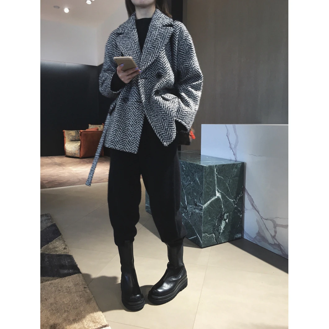 

Trench Women Wollen Wool Blend Coat Wool Tweed Suit Collar Short Coat