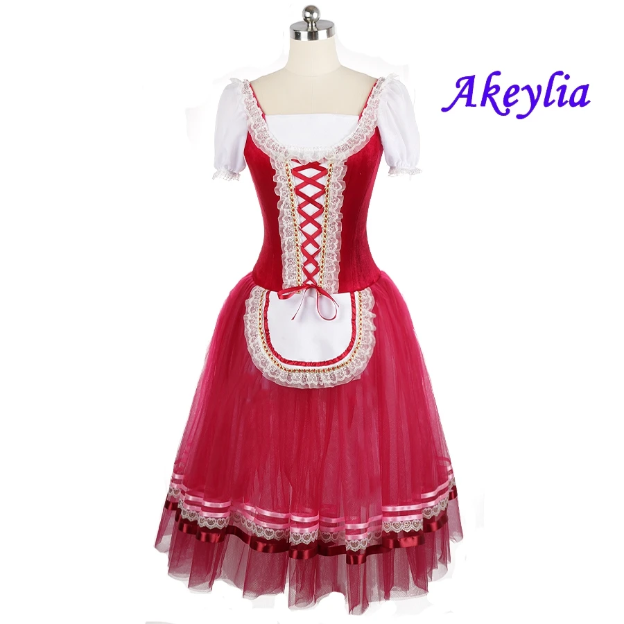 Red Giselle Dress for girls Romantic Ballet Tutu Maid Dark pink long Professional ballet stage costume Velvet Women or Child