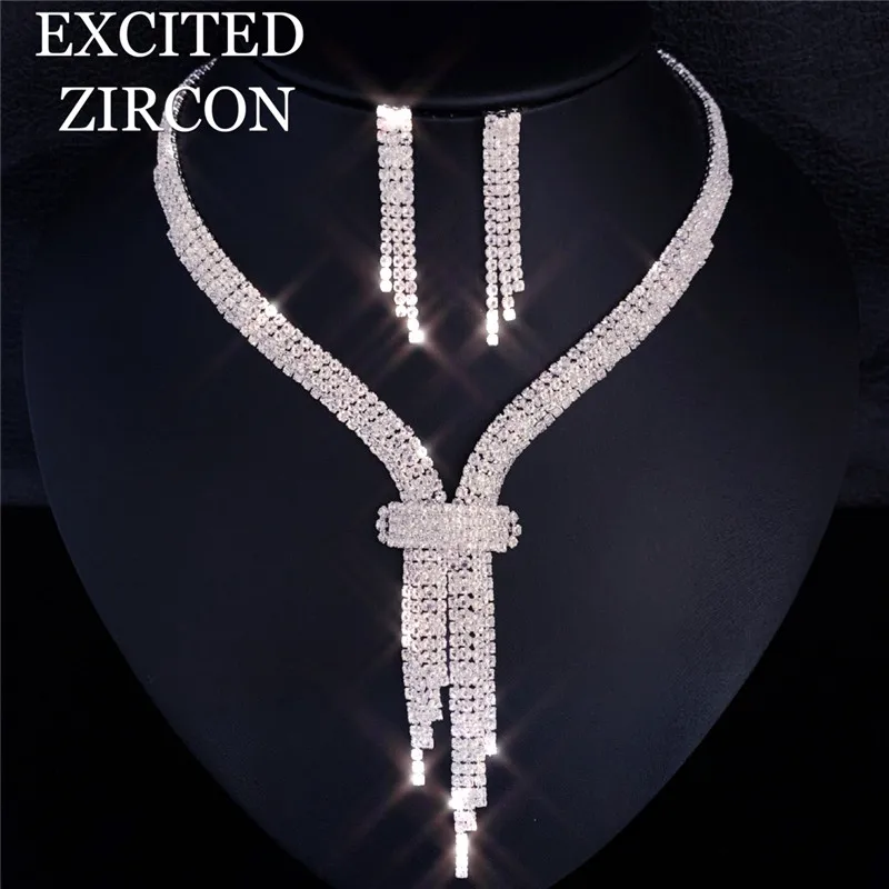 Luxury Rhinestone Tassel Long Pendant Full Crystal Necklace Earrings set Elegant Fashion Bridal Wedding Jewelry Birthday Gift | Украшения и