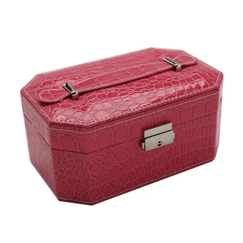 

Double octagonal shaped leather storage box elegant rose red portable jewelry box exquisite crocodile pattern storage box