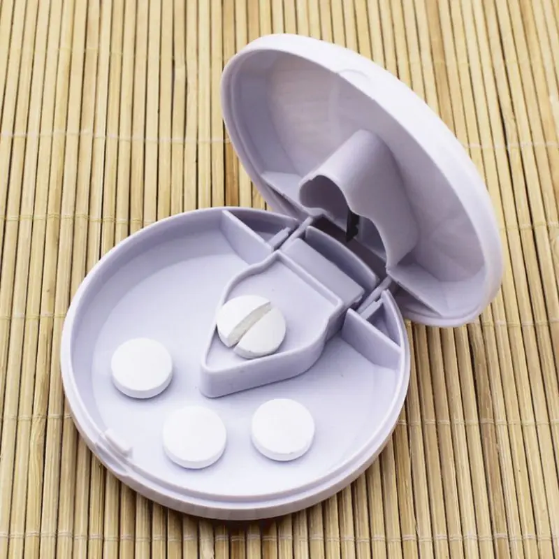 Home Portable Round Shape Pill Splitter Case Medicine Tablet Cutter Holder Doser Divide Storage Compartment Box Safety Shield
