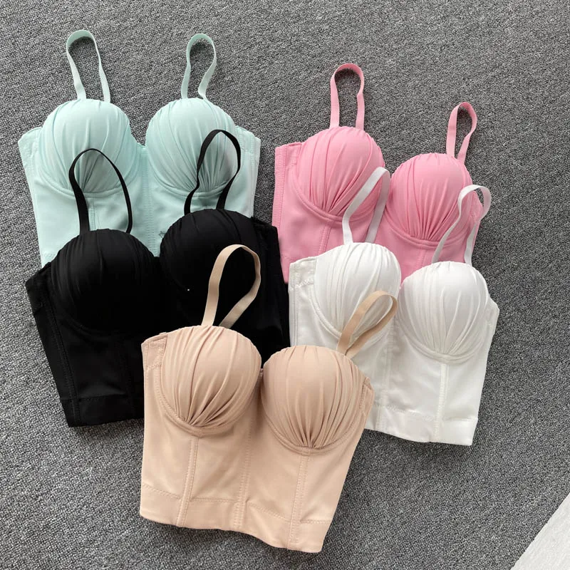 Spring Summer New Product Female Solid Color Knit Pleated Bras Camisole Girls Elegance Stretch Cropped Tank Tops Y1148 camisole bra