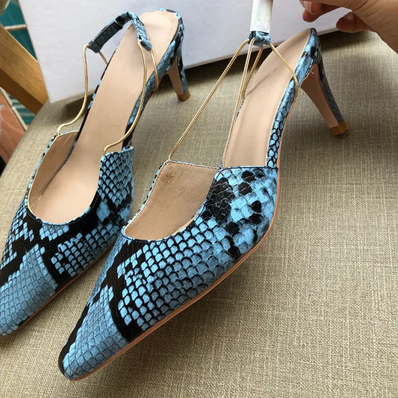 snakeskin Sexy Narrow Bands Slingbacks Sandals Women Small Square Toe Summer Pumps Runway T-show Party Shoes Woman Black Zapatos Mujer - Цвет: snakeskin