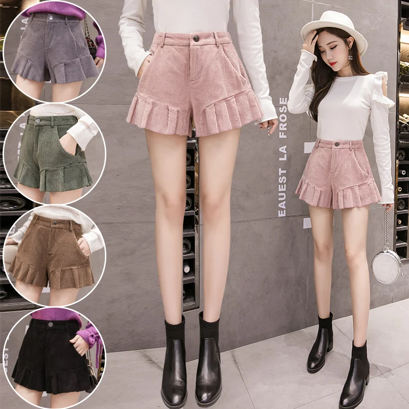 2020 Fashion High Waisted Skirt Shorts Women Autumn Winter Corduroy Ruffles Kawaii Shorts Female Loose Wide Leg Short Feminino