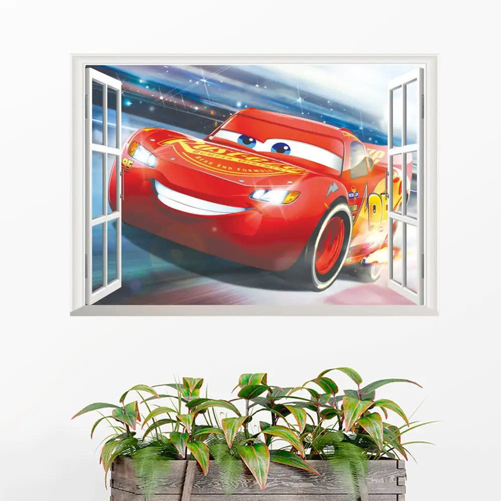 New Disney cartoon movie 3Dview Window Cars Lightning McQueen  wall sticker for kids room mural art Home decoration