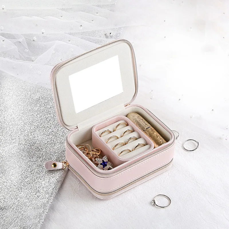 

Multi-function Jewelry Storage Box Cosmetic Storage Box Makeup Organizer Earrings Ring Leather Container with Mirror Zip Closure