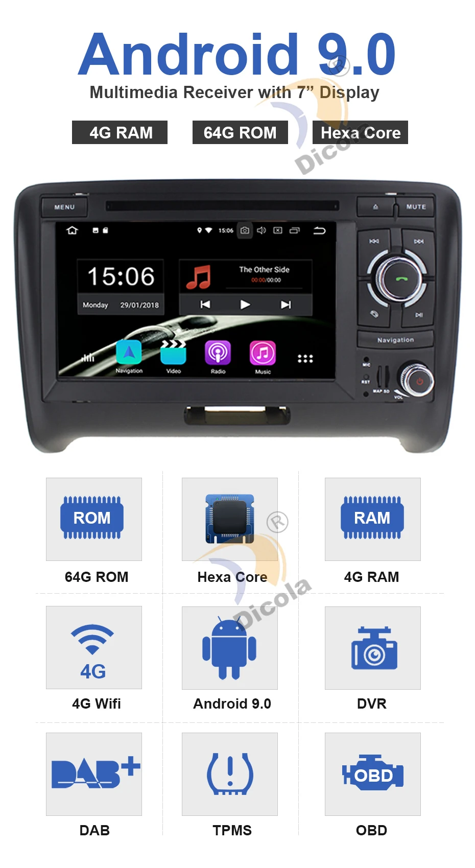 Discount 7" IPS Hexa Core 4G+64G PX6 Android 9 Car DVD Video Stereo Radio Player GPS Navigation for AUDI TT MK2 (2006-2014) 3