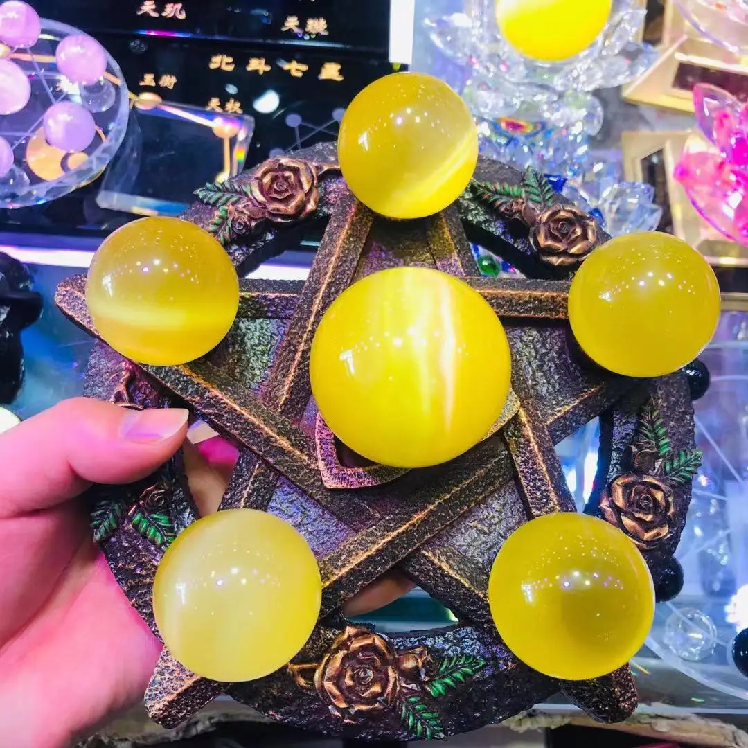 

Natural Yellow Cat Quartz Crystal Healing Stone Sphere Ball For Six Star Array Reiki Decorative 1 SET 5PC 40mm and 1pc 50mm