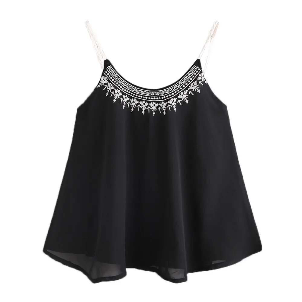 В богемном стиле с вышивкой Для женщин жилет рубашка майки топы для девочек Летняя Удобная шифоновая блузка без рукавов на бретелях в этническом стиле Haut Femme Y4 - Цвет: Black