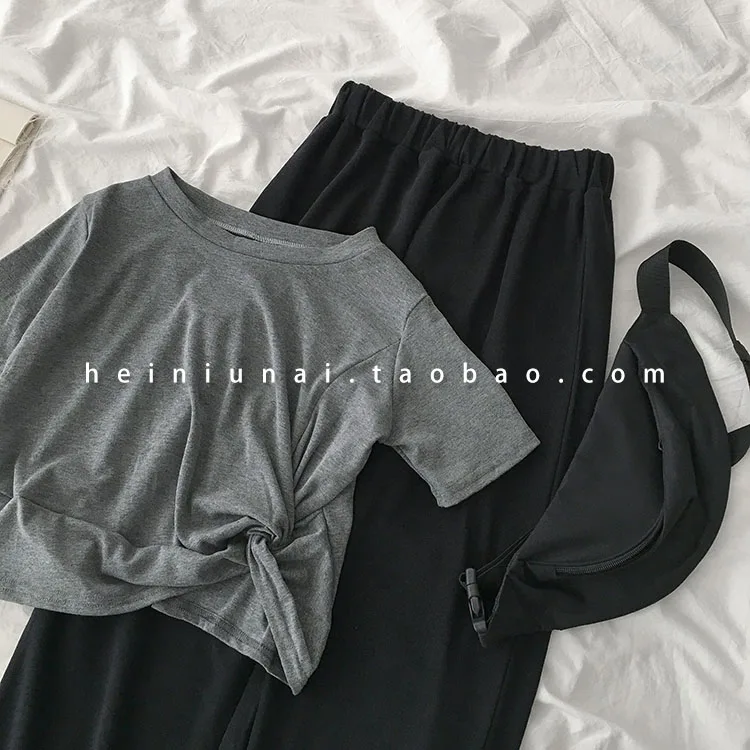 Casual Long Pant Set Women Short Sleeve T-shirt + Elastic High Waist Harem Pant Trouser Matching Set