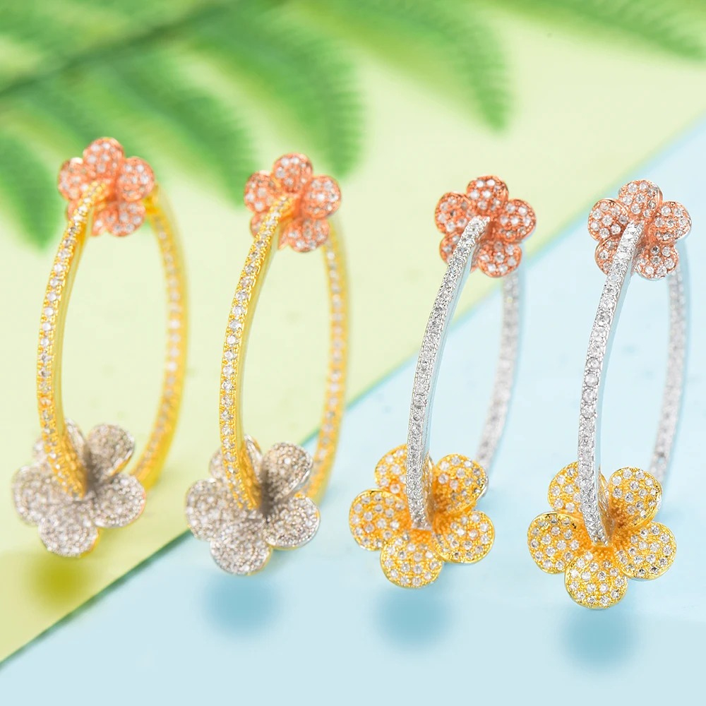 

SISCATHY 3Tone AAA Cubic Zircon Statement Big Hoop Earrings For Women Wedding DUBAI Bridal Round Circle Hoop Earrings 2019